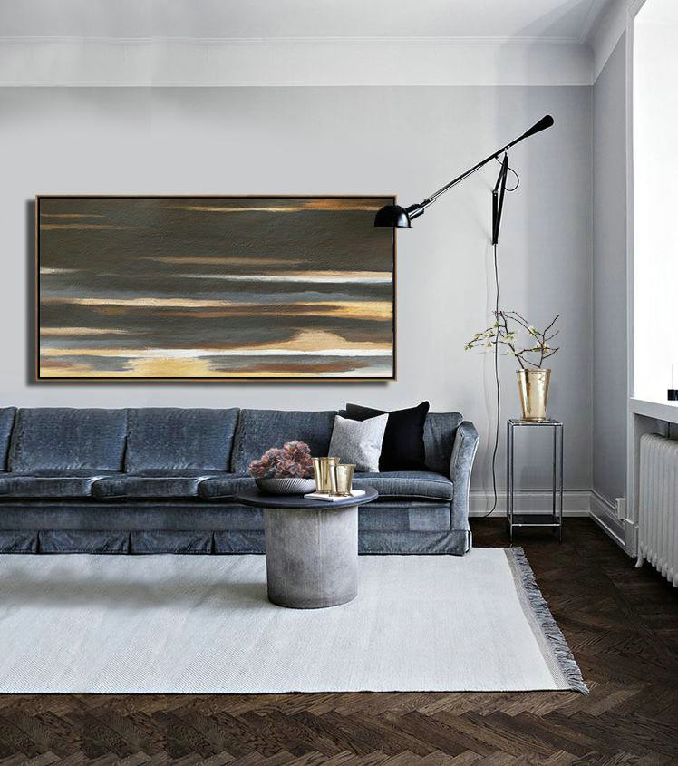Large Abstract Painting,Hand Painted Panoramic Abstract Painting,Wall Art Painting,Black,Brown,Grey,Yellow,White.etc